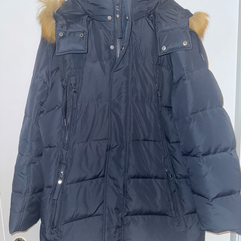 Down Marc Jacobs New York Navy Puffer Jacket with Faux Fur Hood parka